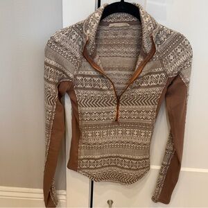Brown and Cream Patterned Quarter-Zip Sweater Free People